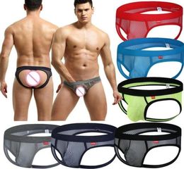 136PCS Mesh Holes Gay Sexy Underwear Men039s Bikini Briefs Jockstraps Pouch Man Panties Thongs Backless Underpants Exotic Sho8092888