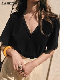 Women's Blouses Lace V-neck Shirt For Woman Summer 2024 Fashion French Short Sleeve White T-shirt Solid Colour Casual Loose Black Tee Tops