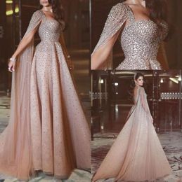 2021 Vestidos Arabic Evening Dresses Wear Sexy Crystal Beads Sweetheart Lace Blush Pink Backless With Cape Plus Size Formal Party 1182810