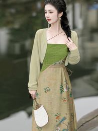 Ethnic Clothing Women Green One Set Dress Chinese Traditional Cheongsam Vintage Slip Female Fashion Show Costume Qipao 2 Piece S2452