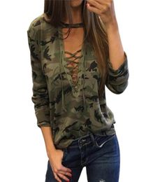 Women Sexy TShirt Camouflage V Neck Lace Up Halter Top Shirt Ladies Loose Bandege Camo Tee Tracksuit Female Sudadera8358350