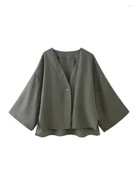 Women's Blouses Women Casual Linen Blend Green V-Neck One Button 2024 Summer Short Blouse Girl Fashion Kimono Style Long Sleeve Loose Tops