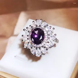 Cluster Rings 2024 Light Purple Luxury Ring Full Of Exquisite Zircon Flower 925 Sterling Silver Open Female All-match Wear Jewelry