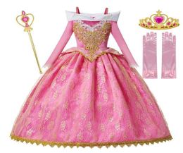 MUABABY Girls Deluxe Sleeping Beauty Princess Costume Long Sleeve Pageant Party Gown Children Fancy Dress Up Frocks 310T F11307032687