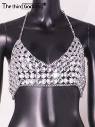 Women's Tanks Sexy Halter Rhinestone Crop Top Women Summer See Through Corset Body Chain Tank Cropped Club Party Festival Rave Outfit Tops