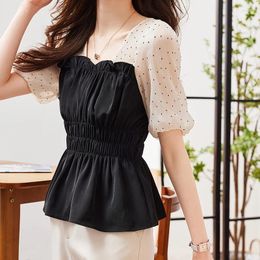 Women's Blouses QOERLIN Puff Sleeve Slim Waist Polka Dot Black Shirts Korean Fashion Sweet Women Blouse 2024 Summer Ruffles Short Top