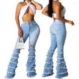 Women's Jeans Flared Women Tassel Thousand Layers Design Light Blue Denim Pants Fashion Wide Leg Ladies Trousers Ripped