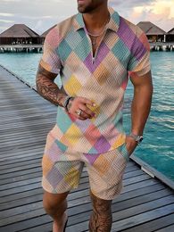 Summer Fashion Mens Sweatsuit set Coloured Patches 3D Print Casual Zipper Polo Shirt Shorts 2pcs Sets Oversized Tracksuit 240513