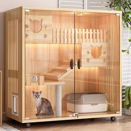 Cat Carriers Tempered Glass KattenKabinet Extra Large Size Closed Villa Ventilate Living Room Toilet Movement Gato Crash Pet Product LVBK