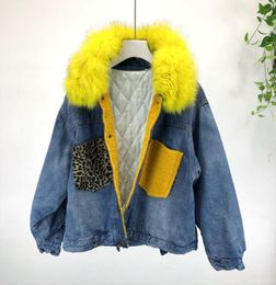 Women039s Jackets 2021 Winter Ladies Denim Jacket Thick Loose Stitching Leopard Pocket Real Fur Collar Quilted Coat4802863