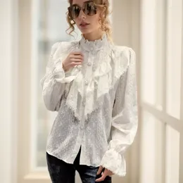 Women's Blouses Korean Ruffle Stitching Lace Blouse Fashion Women Long Sleeve Loose Chiffon Shirt Stand Collar Pleated Tops Elegant Blusas