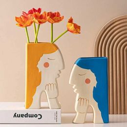 Vases Nordic Creative Face Hand-painted Ceramic Vase Home Decor Living Room Girl Figure Sculpture Vase Jarrones Decorativos Moderno J240515