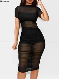 Work Dresses Womens Bodycon Night Club 3 Piece Outfits Short Sleeve Mesh See Through Ruched Cover Up Mini Dress Camis Shorts Three Sets