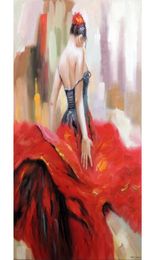 figure paintings Flamenco Dancer Spanish Gypsy Bright Red Dress Brunette Flower Hair Oil Painting Spanish art handpainted Woman o2723530