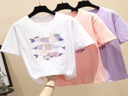 Harajuku Women Summer Casual Plus Size 3XL TShirt Fish Sequin Purple Pink White Tshirt Cotton Short Sleeve Tops Clothes 2106049588401