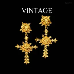 Stud Earrings Medieval Vintage Western Three-dimensional Relief Thorn Rose Cross Senior Temperament