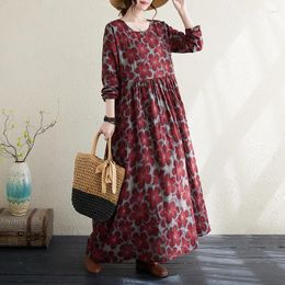 Casual Dresses 2024 Arrival Long Sleeve Print Floral Vintage Holiday Travel Style Spring Dress Fashion Women Autumn