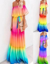 Women039s Elegant Off Shoulder Summer Ruffle Beach Maxi Dress Rainbow Pleated Casual Long Dresses Full Length S2XL3769288