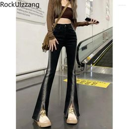 Women's Jeans Tie Dye Split Flare Denim Pant Pocket Women Elegant Stretch Slight Bootcut Long Bell Bottom High Waist Y2k Clothes Korean