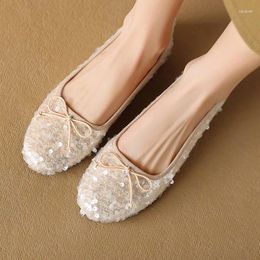 Casual Shoes Apricot Sequined Women Shallow Flats Round Toe Ballerine Shine Black Prom Party Moccasins Femmes Lady Ballets