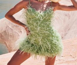 Elegant Ostrich Feather Green Mini Dresses For Women Sleeveless Bodycon Party Backless Dress Sexy Summer Chic Vneck Beach Dress 26364231
