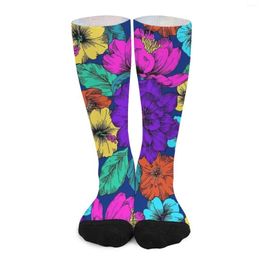 Women Socks Colourful Flower Stockings Hibiscis Print Custom Trendy Autumn Anti Bacterial Girls Running Sports Quality