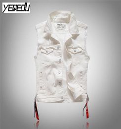 3409 2018 Punk Slim Fashion White denim vests men Sleeveless jean jacket men Streetwear Gilet homme Biker jeans vest M3XL7265642