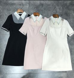 High End 2020 BlackPinkApricot Peter Pan Collar Short Sleeves Women039s Dress Designer Crystals Dresses Milan Runway Gown 8045402089