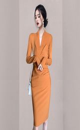 Advanced fashion OL temperament bag hip skirt 2022 autumn and winter new female royal sister light cooked wind V neck wrinkles dr7148566