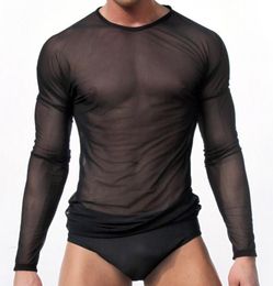 Men Sexy Transparent Tshirt Sheer See Through Mesh Long Sleeve T shirt Tops Undershirt Fitness Tight Lounge Tees8859282