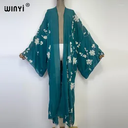 Autumn WINYI Dress Embroidery Beach Wear Swim Suit Cover Up Boho Cardigan Nightgown Elegant Sexy Holiday Long Sleeve Kimono
