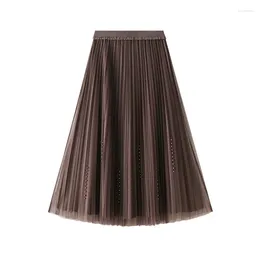 Skirts Wearing Gold Veet Pleated On Both Sides Autumn And Winter Women's Mid Length 2024 High Waisted Slimming Nail Bead Mesh Skirt