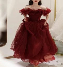 Party Dresses Elegant Wine Red Evening Dress Slimming Effect Temperament Ball Gowns For Women Front Pleated A-Line Tulle Vestido De Noche