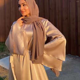Ethnic Clothing Muslim Maxi Satin Dresses Modest Fashion Abaya High Quality Islamic Solid Flare Long Sleeve Women Dubai Clothes