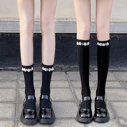 Women Socks Black White Long Stockings With Pearl JK Japan Style School Girls Thigh High Lolita Kawaii Cute Knee