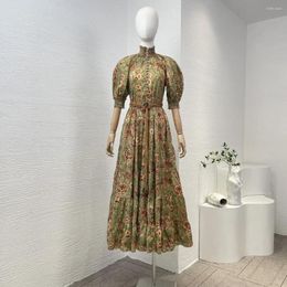 Party Dresses 2024 Summer Poplin High Quality Turtleneck Green Floral Print Short Sleeve Self Tie Woven Belt Loose Midi Dress