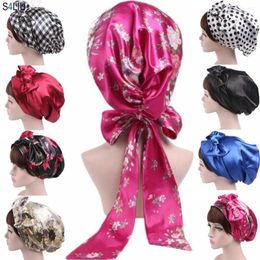 Ethnic Clothing Muslim Islamic Women Hijab Arab Turban Satin Bow Comfortable Sleep Cap Head Wrap Long Tail Flower Printed Headscarf Bonnet