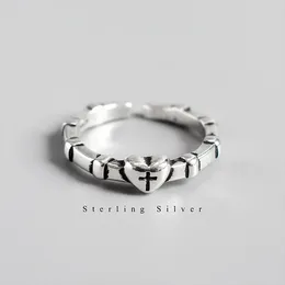 Cluster Rings Vintage S925 Silver Ring With Love Heart And Cross Personalised Chic Korean Style Women's Jewellery