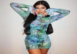 Casual Drs Summer Women Mesh Sexy Y2K Cloth Tie Dye Print Long Sleeve Side Slit Bodycon Mini Dress Outfits Club Party4569150