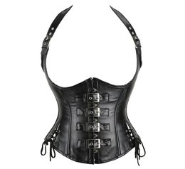 Halterneck Strap PU Leather Look Underbust Corset with Buckle Fastening and Side Lacing Women Steampunk Clubwearing Corsets6811657