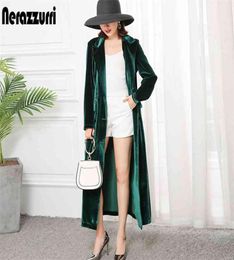 Nerazzurri High Quality Long Green Black Soft Velvet Trench Coat for Women Fall Peaked Lapel Long british style Overcoat 2108129595477