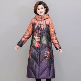 Women's Trench Coats Winter Fall Women Hooded Floral Printed Long Parka Coat Woman Warm Flower Pattern 4xl 5xl Parkas With A Hood