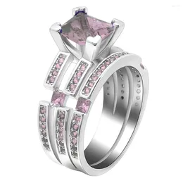 With Side Stones UFOORO Luxury White Gold Wedding Ring For Woman Pink/Blue/Black Cubic Zircon Crystal Trendy Silver Princess Jewellery