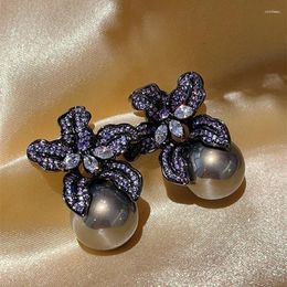 Dangle Earrings Jewelry Design Micro Set Zircon Lily Flower Light Luxury Style Imitation Pearl Personality Versatile For Women