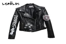 LORDXX Black Graffiti Leather Jacket Women 2019 New Spring Punk Moto Coat Cropped Faux Jackets with belt6710856