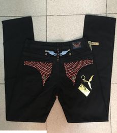 Mens Black Robin Jeans with All Red Crystal Studs Men Denim Pants with Metal Tag Men039s Jean size 30424528946