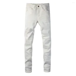 Men's Jeans Men Classic White Denim Streetwear Skinny Tapered High Stretch Pants Pure Colour Beige Trousers