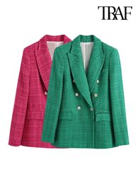 TRAF Women Fashion Double Breasted Tweed Green Blazer Coat Vintage Long Sleeve Flap Pockets Female Outerwear Chic Veste 240513