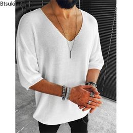 Mens Summer Short Sleeve Knit Tops Shirts Casual V-neck British Loose Shirts Male Solid Shirts for Men Fashion Tops 240517