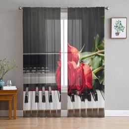 Curtain Piano Music Red Rose Flower Sheer Curtains For Living Room Decoration Window Kitchen Tulle Voile Organza